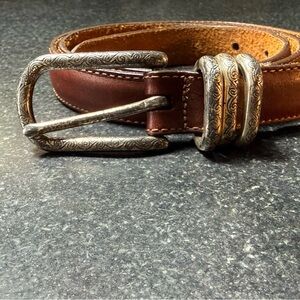 Brighton Brown Leather Belt with Ornate Silver Buckle Size Large